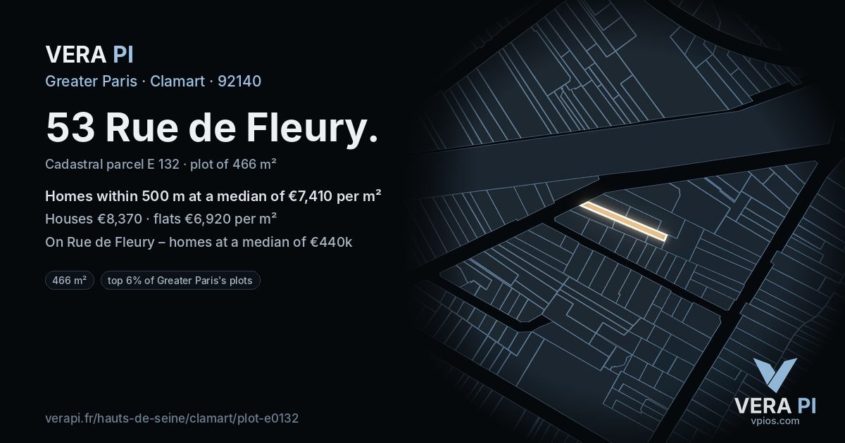 53 Rue de Fleury, Clamart at night – the plot lit, the parcels around coloured by the prices near them