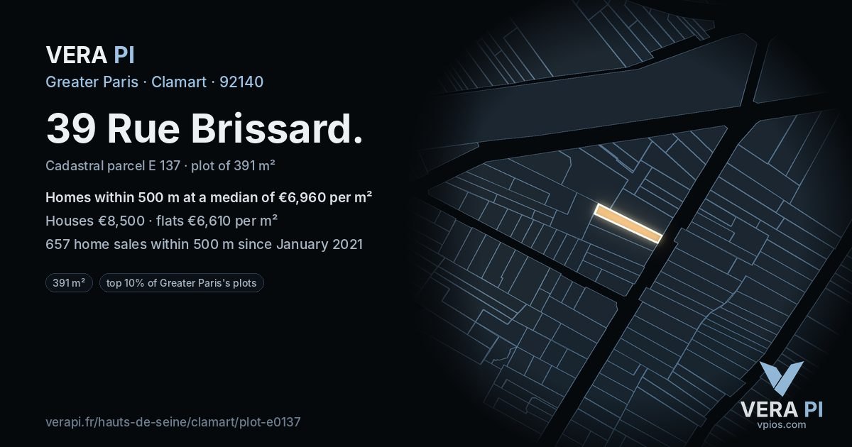 39 Rue Brissard, Clamart at night – the plot lit, the parcels around coloured by the prices near them