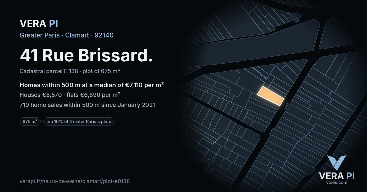 41 Rue Brissard, Clamart at night – the plot lit, the parcels around coloured by the prices near them