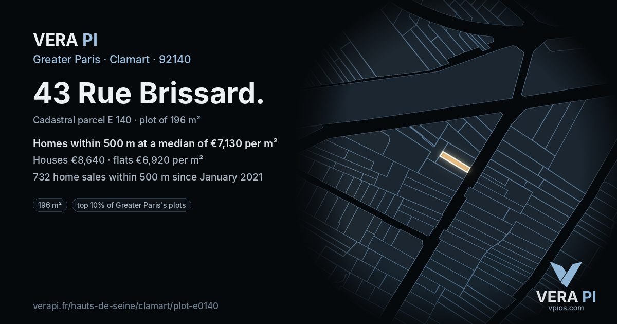 43 Rue Brissard, Clamart at night – the plot lit, the parcels around coloured by the prices near them