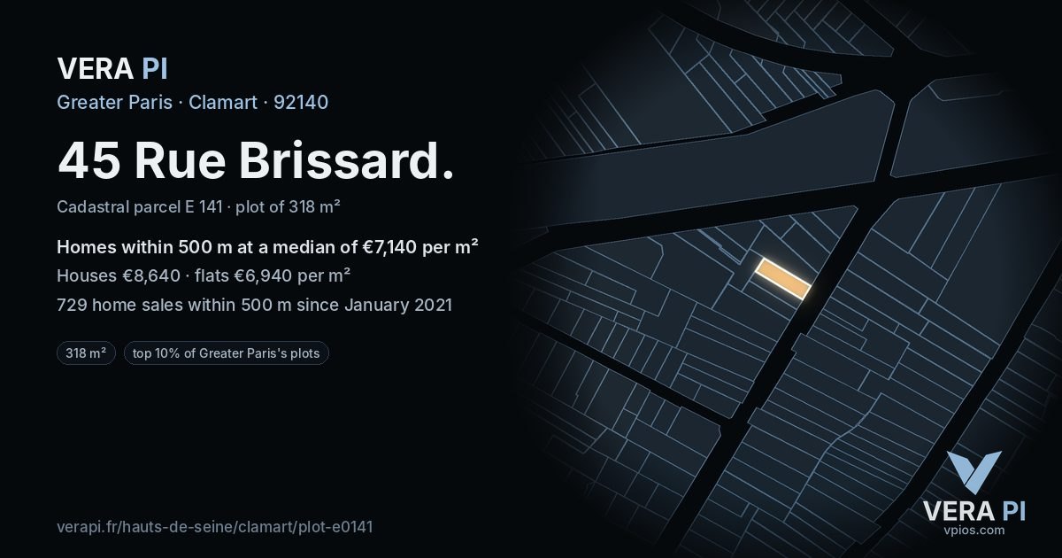 45 Rue Brissard, Clamart at night – the plot lit, the parcels around coloured by the prices near them