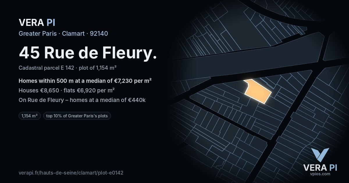 45 Rue de Fleury, Clamart at night – the plot lit, the parcels around coloured by the prices near them