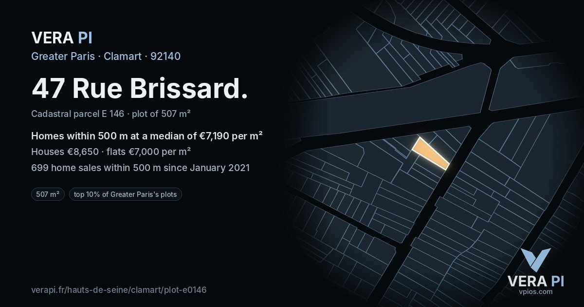 47 Rue Brissard, Clamart at night – the plot lit, the parcels around coloured by the prices near them