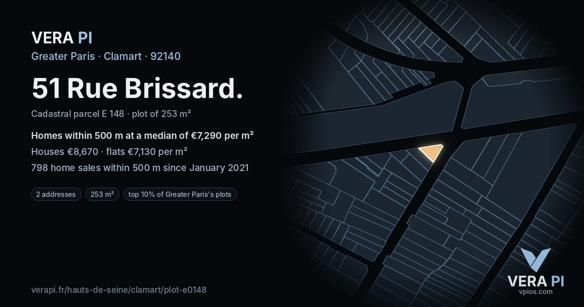 51 Rue Brissard, Clamart at night – the plot lit, the parcels around coloured by the prices near them