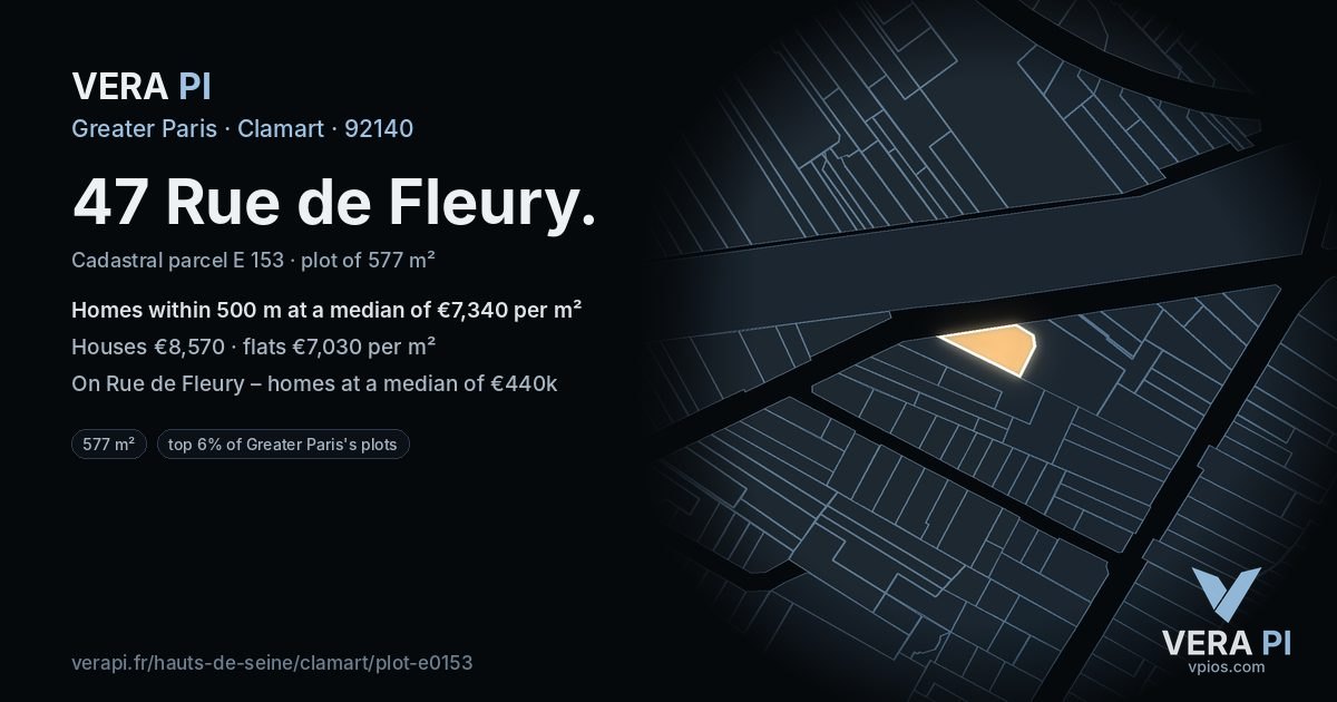 47 Rue de Fleury, Clamart at night – the plot lit, the parcels around coloured by the prices near them
