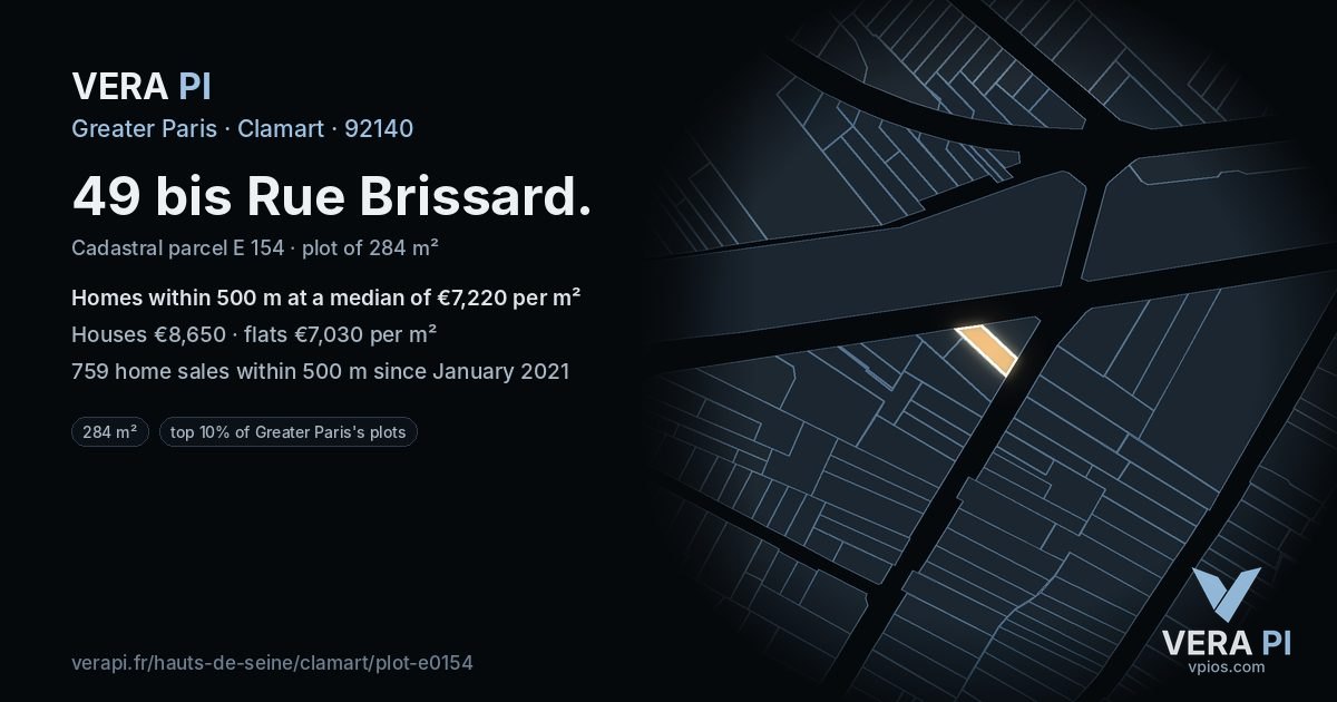 49 bis Rue Brissard, Clamart at night – the plot lit, the parcels around coloured by the prices near them