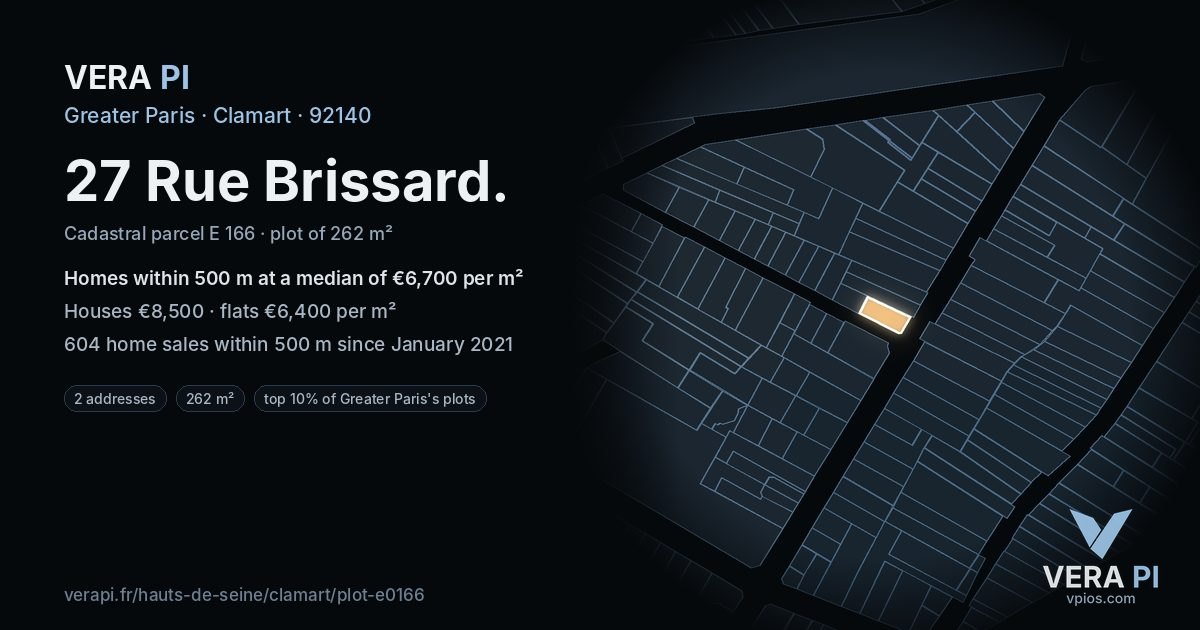 27 Rue Brissard, Clamart at night – the plot lit, the parcels around coloured by the prices near them