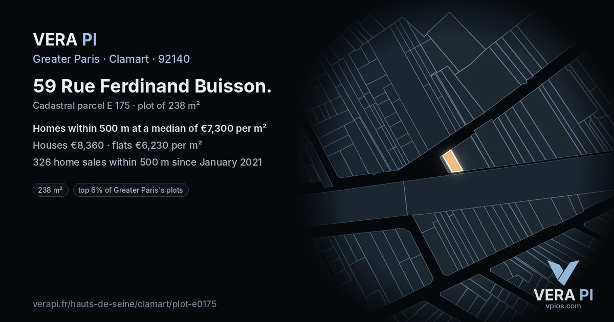 59 Rue Ferdinand Buisson, Clamart at night – the plot lit, the parcels around coloured by the prices near them