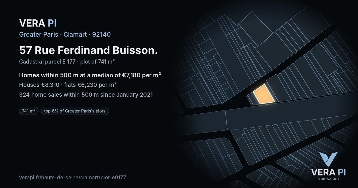57 Rue Ferdinand Buisson, Clamart at night – the plot lit, the parcels around coloured by the prices near them