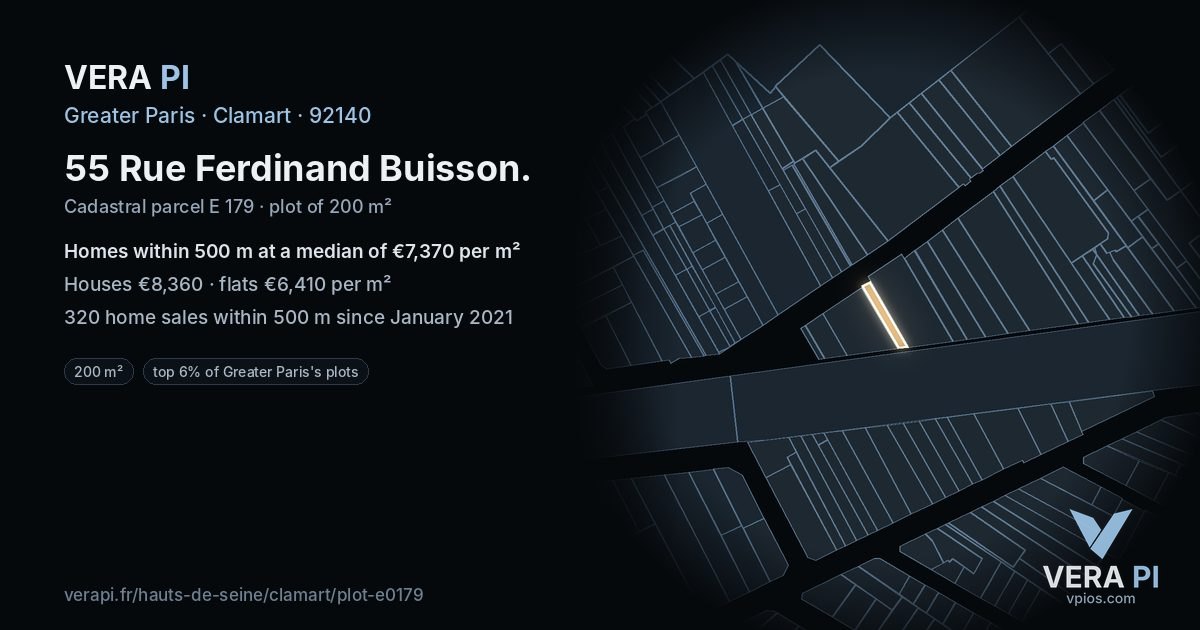 55 Rue Ferdinand Buisson, Clamart at night – the plot lit, the parcels around coloured by the prices near them