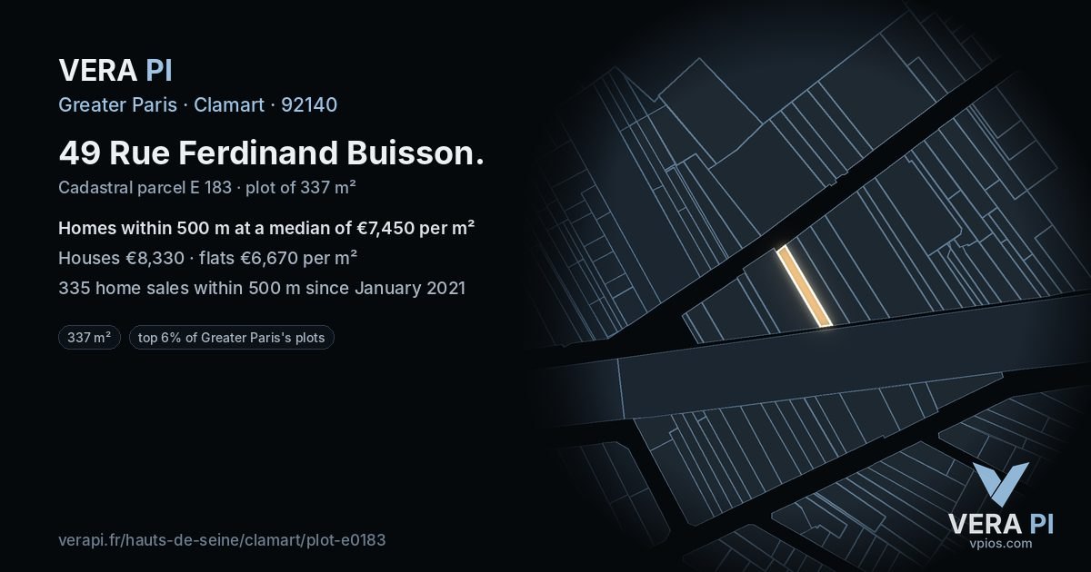 49 Rue Ferdinand Buisson, Clamart at night – the plot lit, the parcels around coloured by the prices near them
