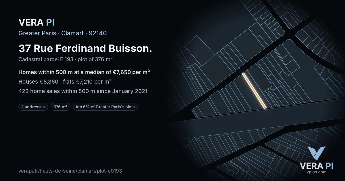 37 Rue Ferdinand Buisson, Clamart at night – the plot lit, the parcels around coloured by the prices near them