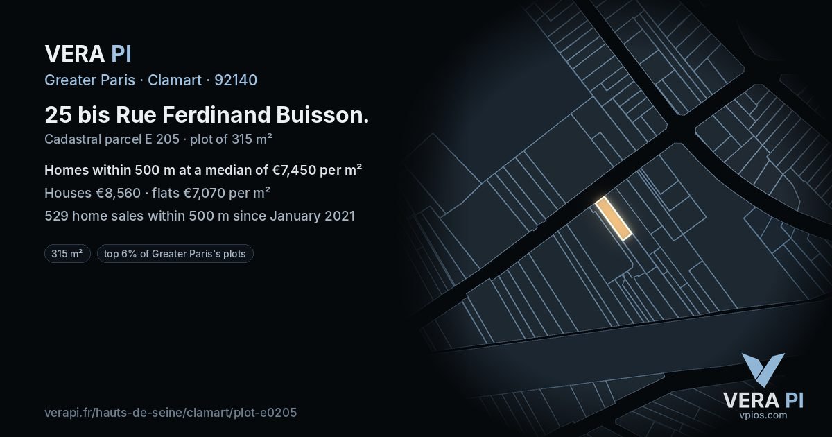 25 bis Rue Ferdinand Buisson, Clamart at night – the plot lit, the parcels around coloured by the prices near them