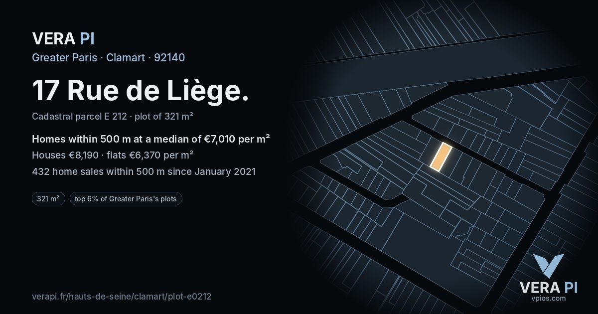 17 Rue de Liège, Clamart at night – the plot lit, the parcels around coloured by the prices near them