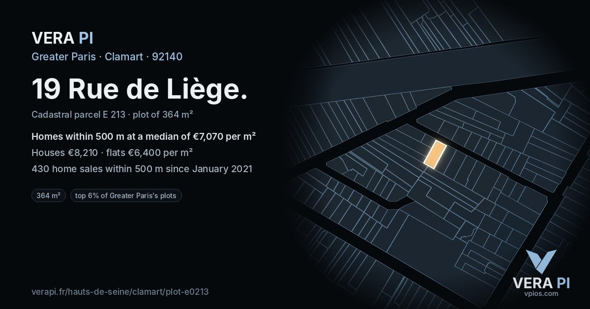 19 Rue de Liège, Clamart at night – the plot lit, the parcels around coloured by the prices near them