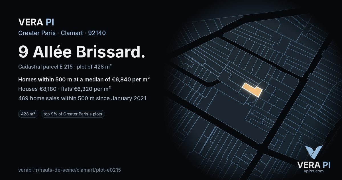 9 Allée Brissard, Clamart at night – the plot lit, the parcels around coloured by the prices near them