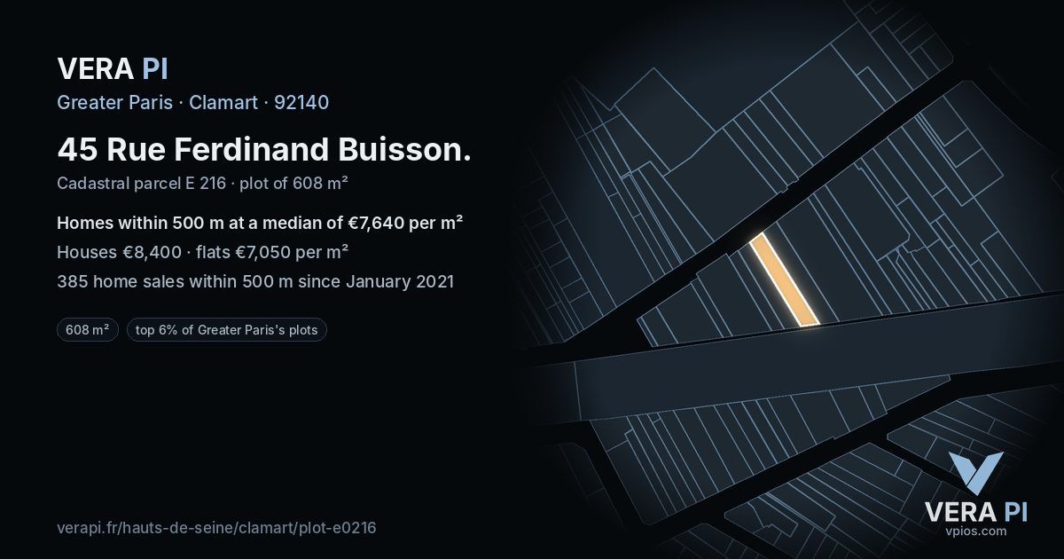 45 Rue Ferdinand Buisson, Clamart at night – the plot lit, the parcels around coloured by the prices near them