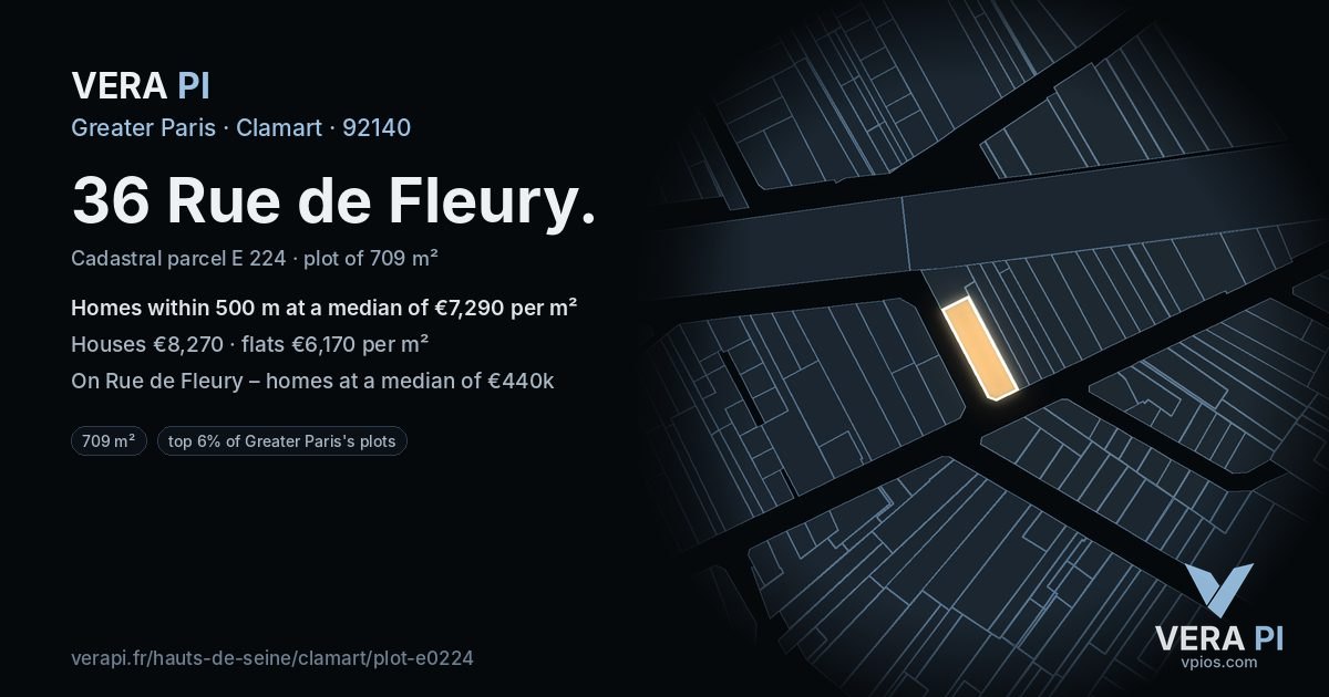 36 Rue de Fleury, Clamart at night – the plot lit, the parcels around coloured by the prices near them