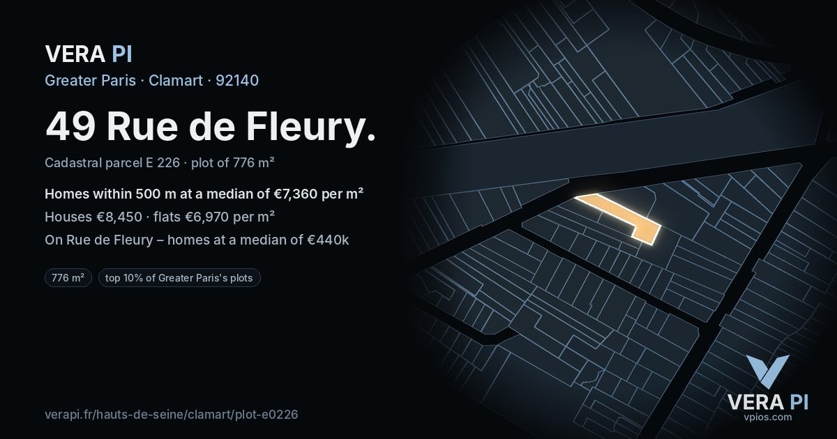 49 Rue de Fleury, Clamart at night – the plot lit, the parcels around coloured by the prices near them