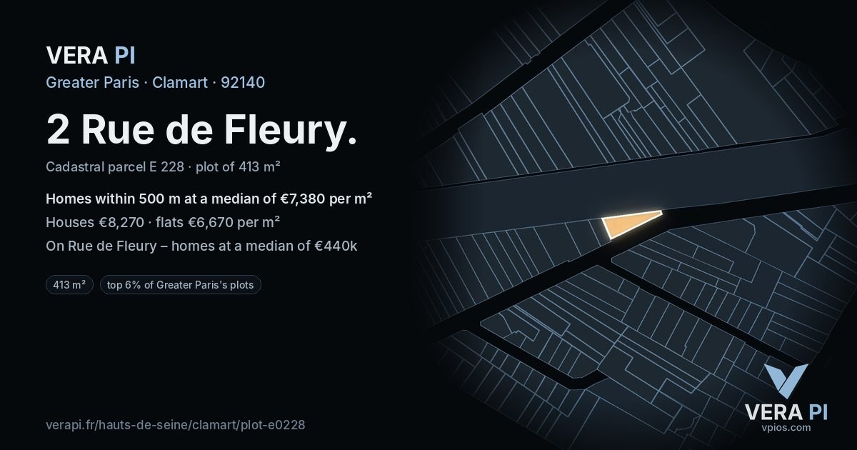 2 Rue de Fleury, Clamart at night – the plot lit, the parcels around coloured by the prices near them