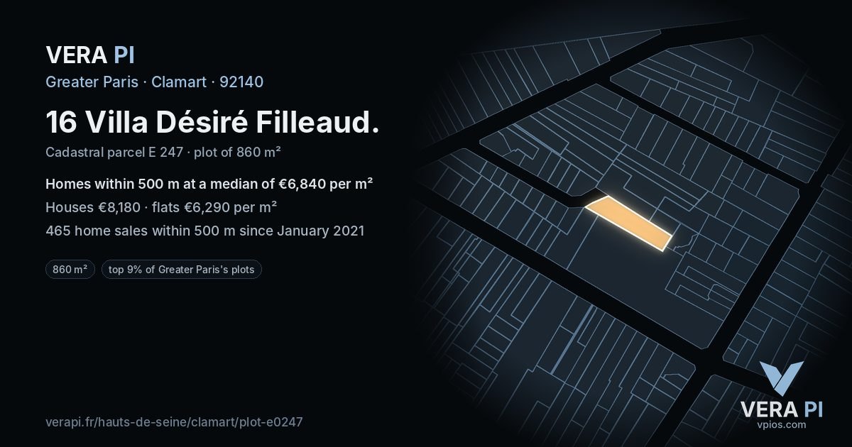 16 Villa Désiré Filleaud, Clamart at night – the plot lit, the parcels around coloured by the prices near them