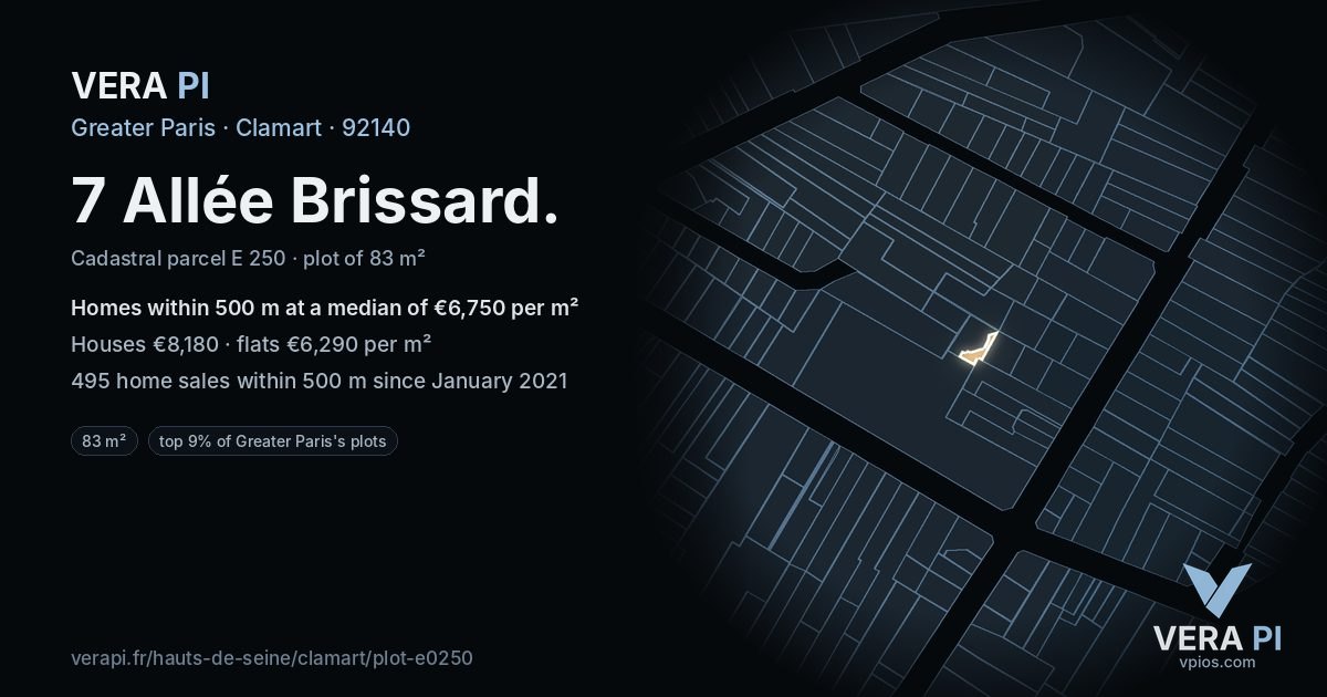 7 Allée Brissard, Clamart at night – the plot lit, the parcels around coloured by the prices near them