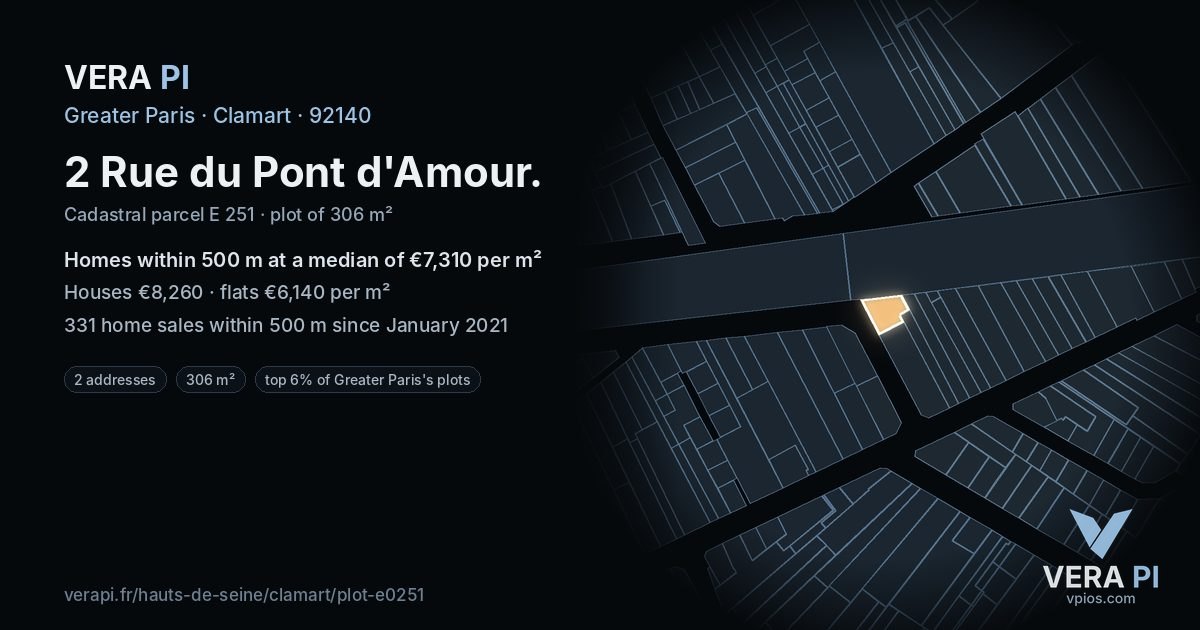 2 Rue du Pont d'Amour, Clamart at night – the plot lit, the parcels around coloured by the prices near them