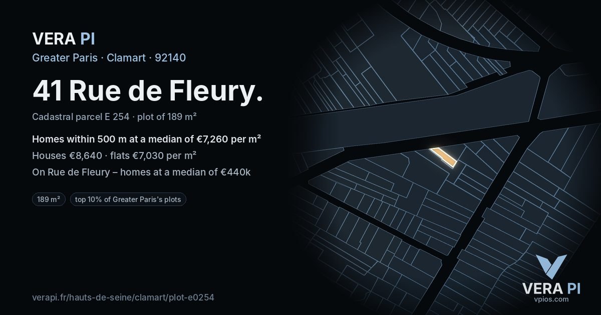 41 Rue de Fleury, Clamart at night – the plot lit, the parcels around coloured by the prices near them