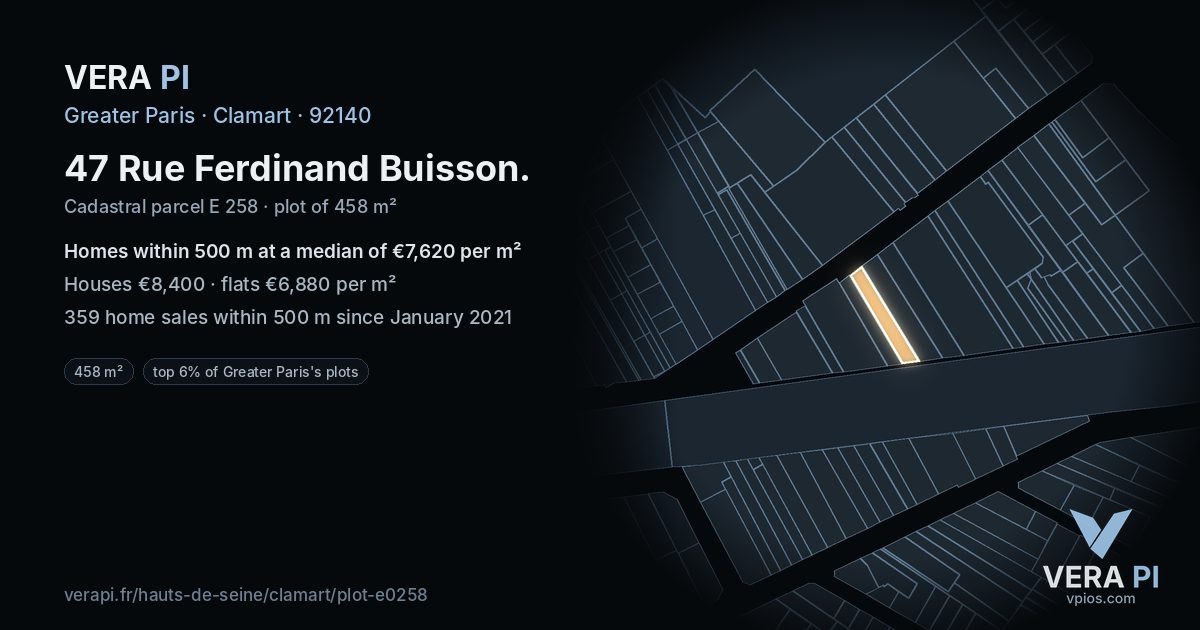 47 Rue Ferdinand Buisson, Clamart at night – the plot lit, the parcels around coloured by the prices near them