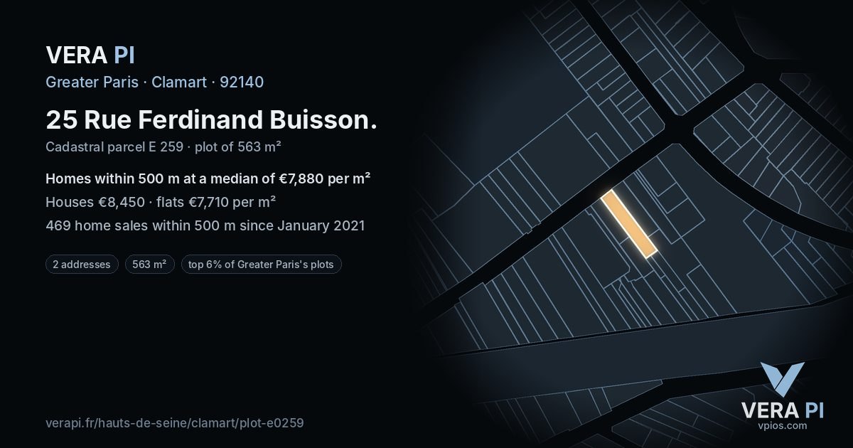 25 Rue Ferdinand Buisson, Clamart at night – the plot lit, the parcels around coloured by the prices near them