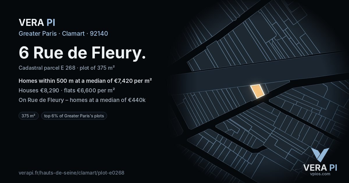 6 Rue de Fleury, Clamart at night – the plot lit, the parcels around coloured by the prices near them