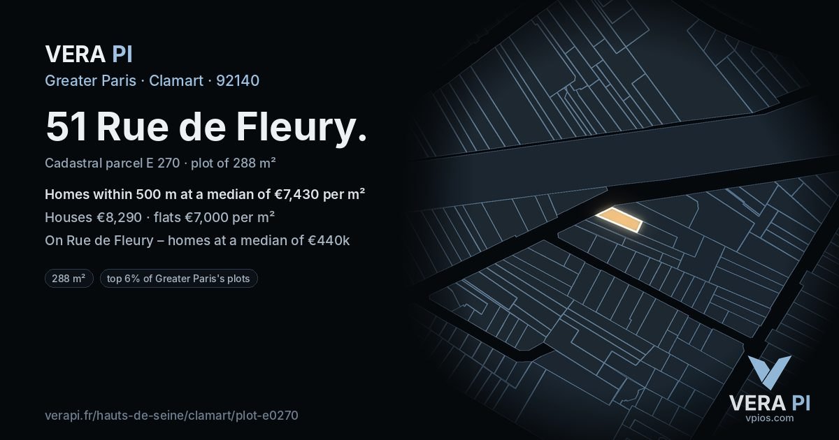 51 Rue de Fleury, Clamart at night – the plot lit, the parcels around coloured by the prices near them