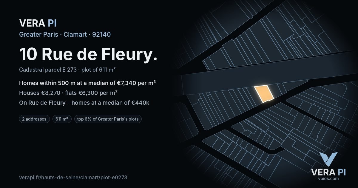 10 Rue de Fleury, Clamart at night – the plot lit, the parcels around coloured by the prices near them