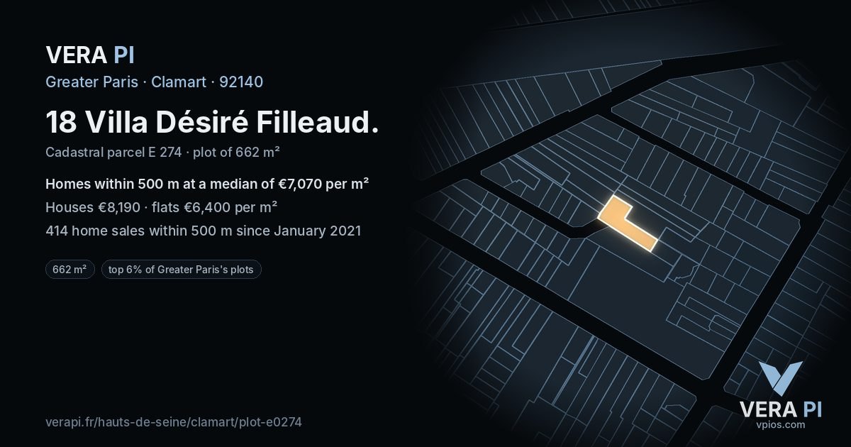 18 Villa Désiré Filleaud, Clamart at night – the plot lit, the parcels around coloured by the prices near them