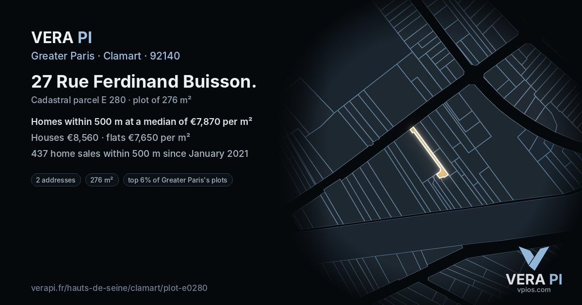 27 Rue Ferdinand Buisson, Clamart at night – the plot lit, the parcels around coloured by the prices near them