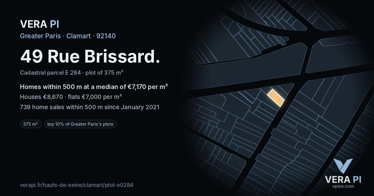 49 Rue Brissard, Clamart at night – the plot lit, the parcels around coloured by the prices near them