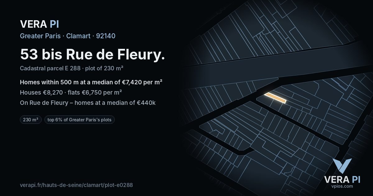 53 bis Rue de Fleury, Clamart at night – the plot lit, the parcels around coloured by the prices near them
