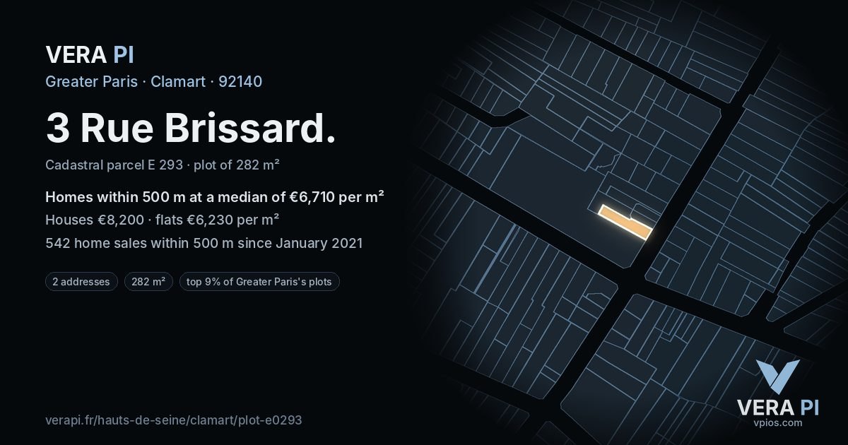 3 Rue Brissard, Clamart at night – the plot lit, the parcels around coloured by the prices near them