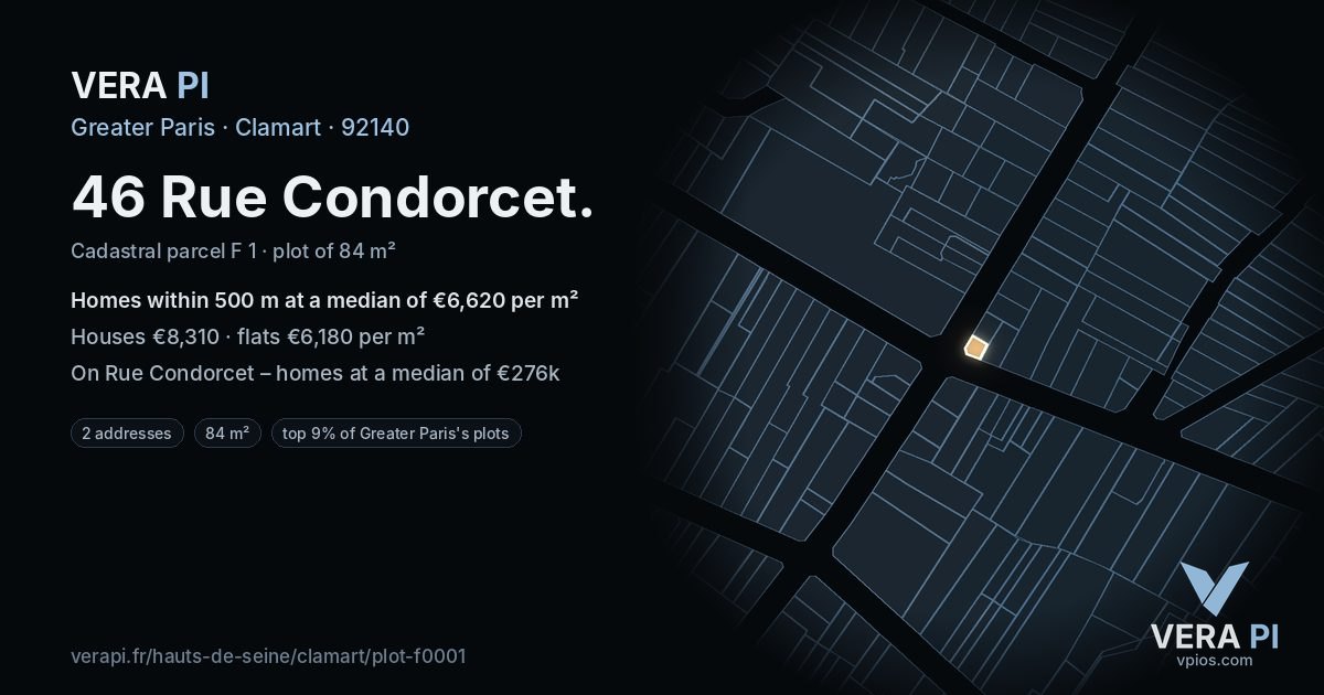 46 Rue Condorcet, Clamart at night – the plot lit, the parcels around coloured by the prices near them