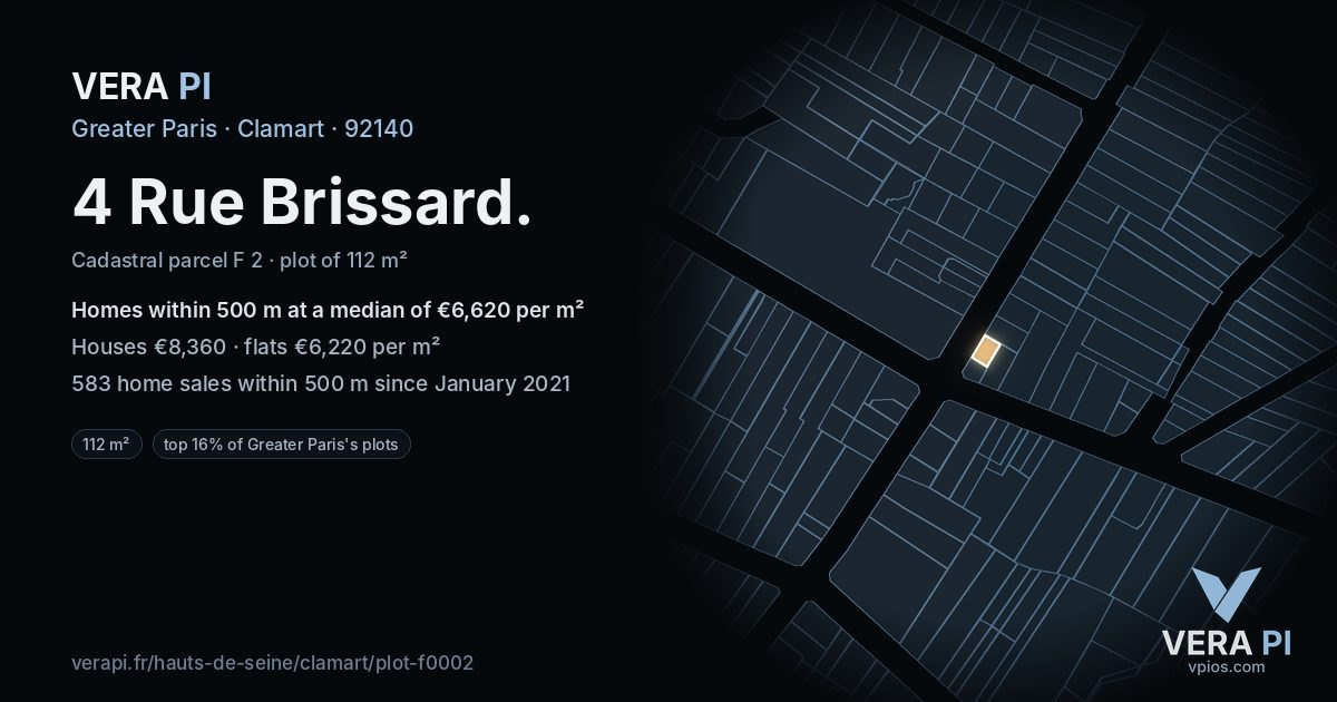 4 Rue Brissard, Clamart at night – the plot lit, the parcels around coloured by the prices near them