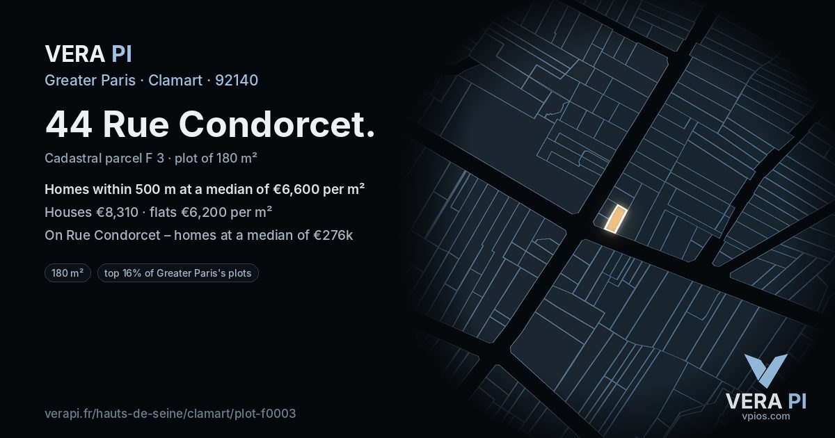 44 Rue Condorcet, Clamart at night – the plot lit, the parcels around coloured by the prices near them