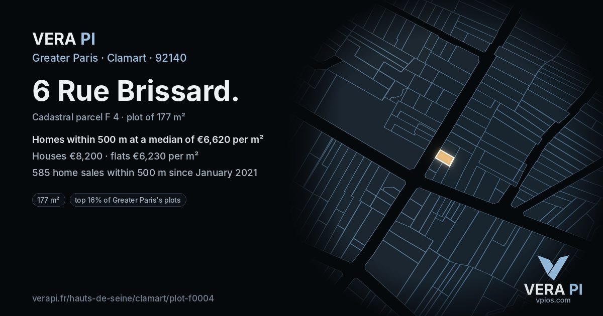 6 Rue Brissard, Clamart at night – the plot lit, the parcels around coloured by the prices near them