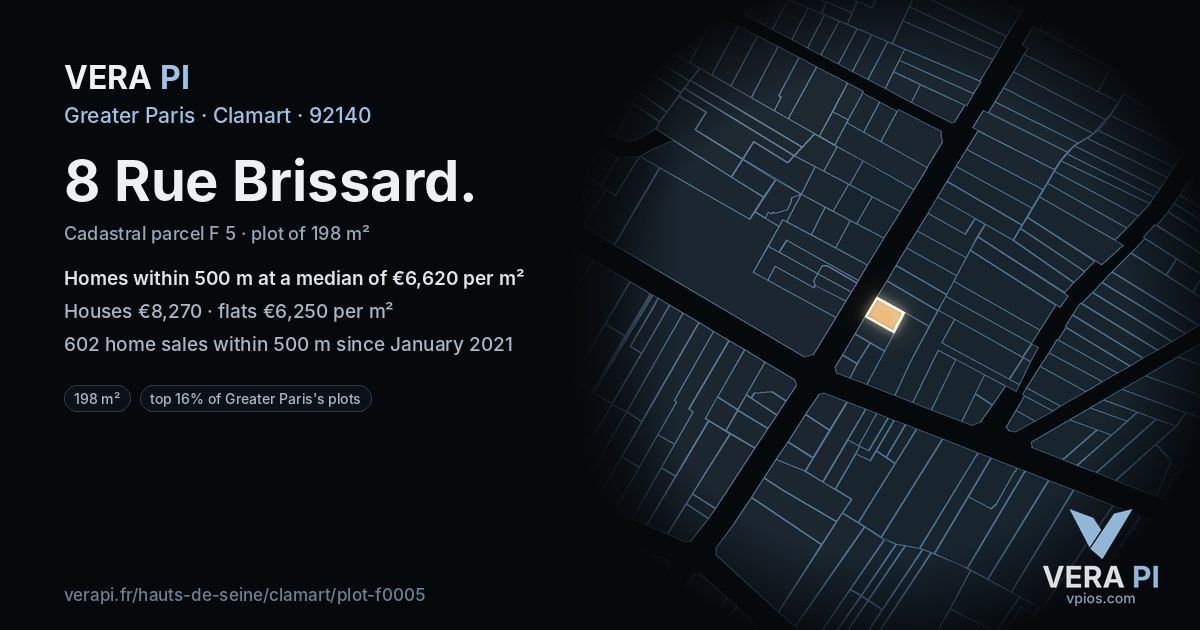 8 Rue Brissard, Clamart at night – the plot lit, the parcels around coloured by the prices near them