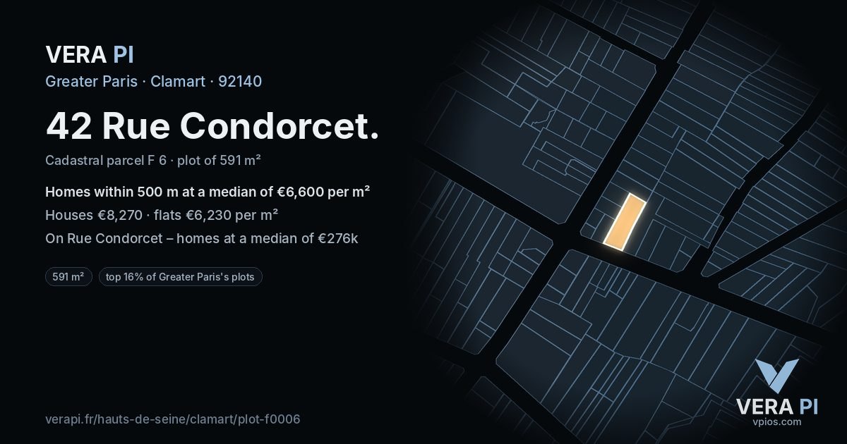 42 Rue Condorcet, Clamart at night – the plot lit, the parcels around coloured by the prices near them