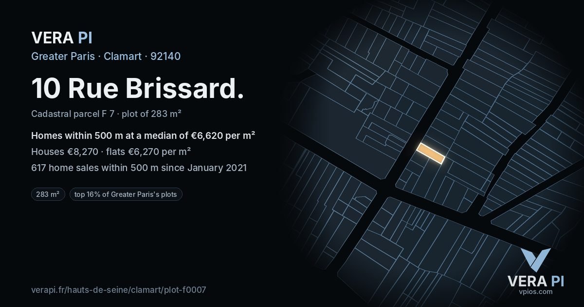 10 Rue Brissard, Clamart at night – the plot lit, the parcels around coloured by the prices near them