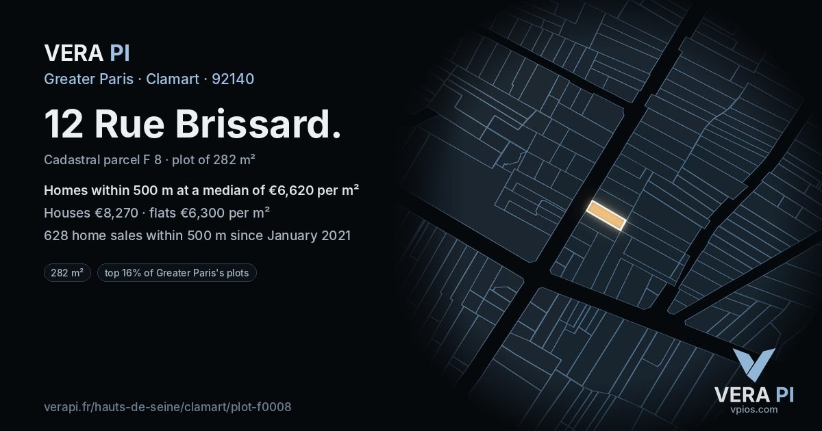 12 Rue Brissard, Clamart at night – the plot lit, the parcels around coloured by the prices near them