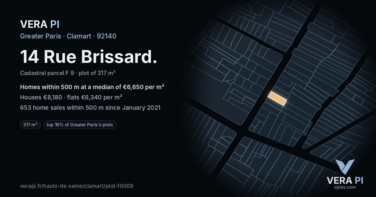14 Rue Brissard, Clamart at night – the plot lit, the parcels around coloured by the prices near them