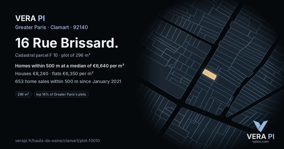16 Rue Brissard, Clamart at night – the plot lit, the parcels around coloured by the prices near them