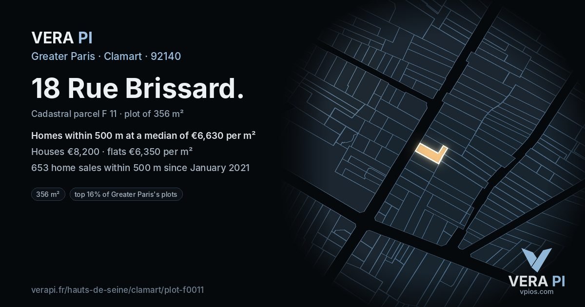 18 Rue Brissard, Clamart at night – the plot lit, the parcels around coloured by the prices near them