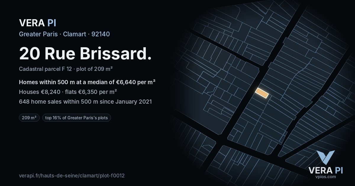20 Rue Brissard, Clamart at night – the plot lit, the parcels around coloured by the prices near them